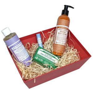 Dr. Bronners Lotion and Soap Gift Pack - comes in a red tray with wood wool