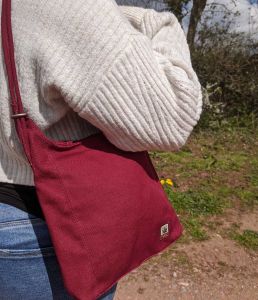 Hemp Handbag / Backpack - Rosewood Red (On person - closeup)