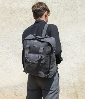 All Purpose Organic Hemp Backpack - Slate Grey (on person)
