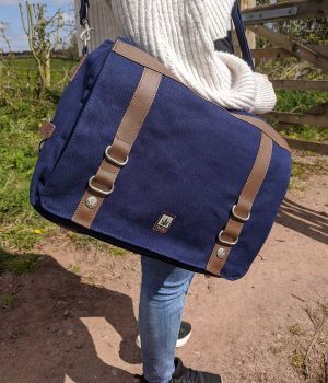 Hemp College Messenger Bag Satchel - Blue (On person - closeup)