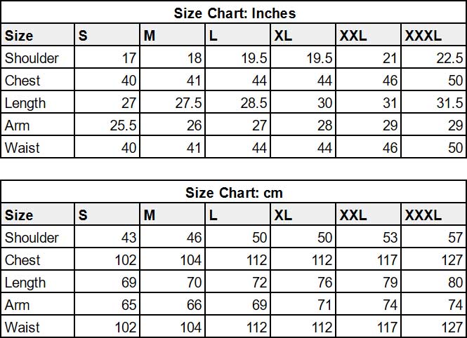 Long Sleeve Hemp T-shirt Size Chart