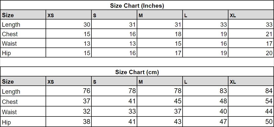 Womens ethical long sleeved dress size chart