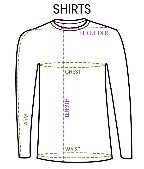 organic long sleeve t-shirt measurements guide
